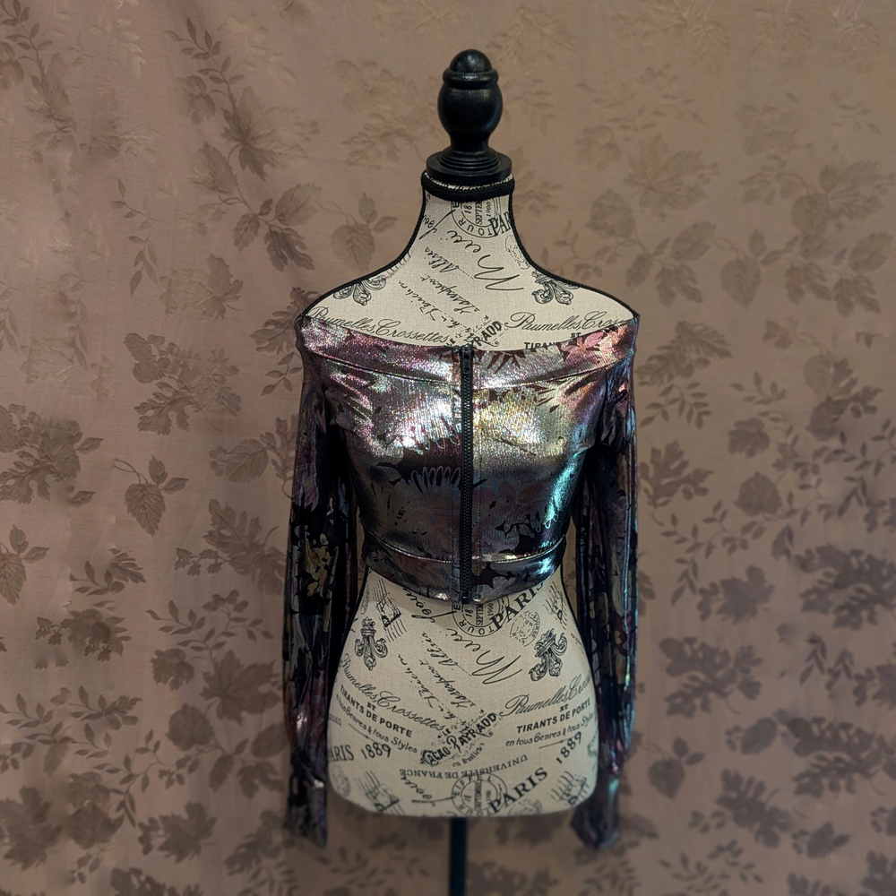Picklicious Metallic Long Sleeve Off The Shoulder Crop Top, Size S, EUC!